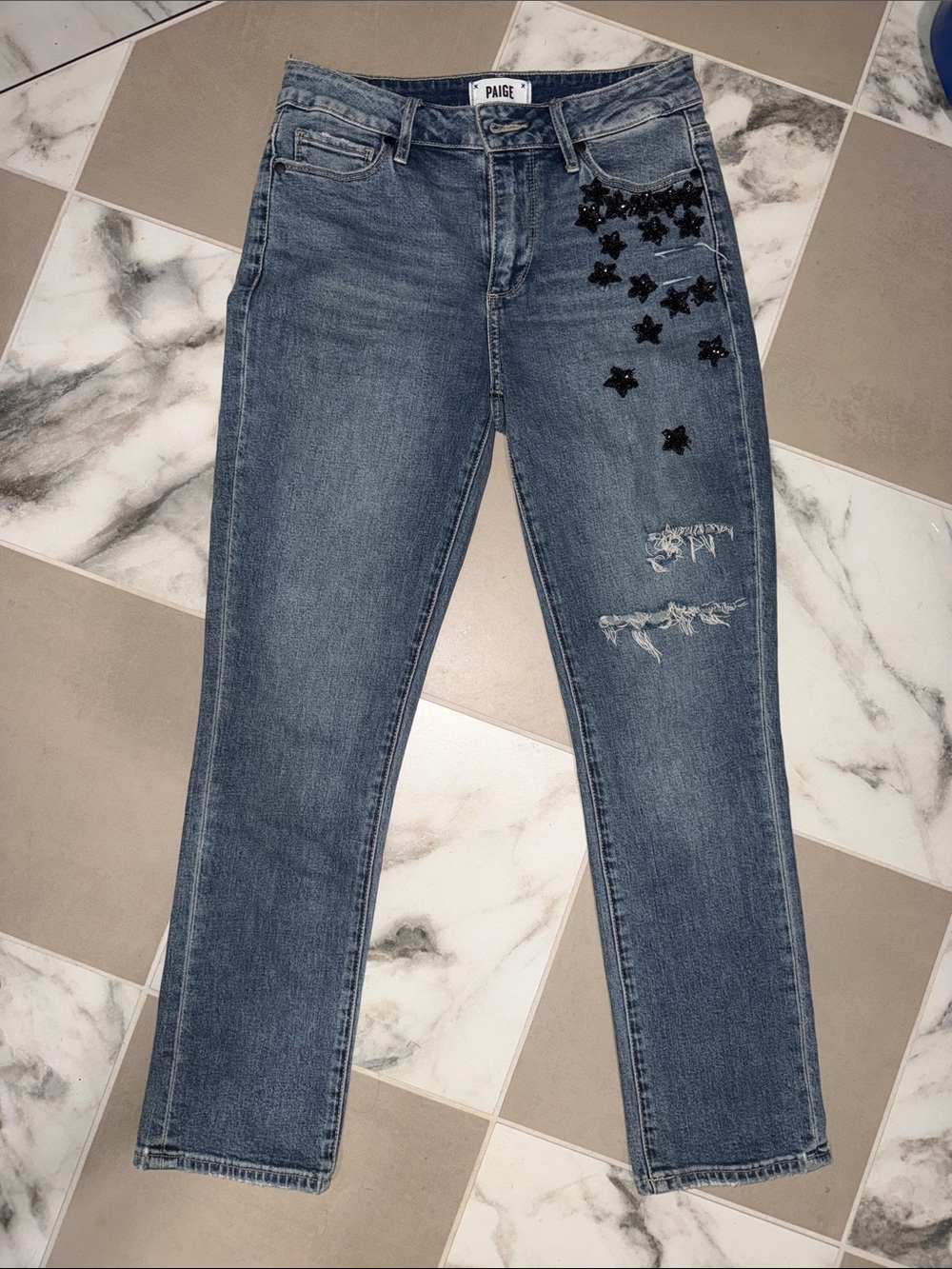 PAIGE Straight Leg Jeans in Medium Blue with Black Star Embellishments